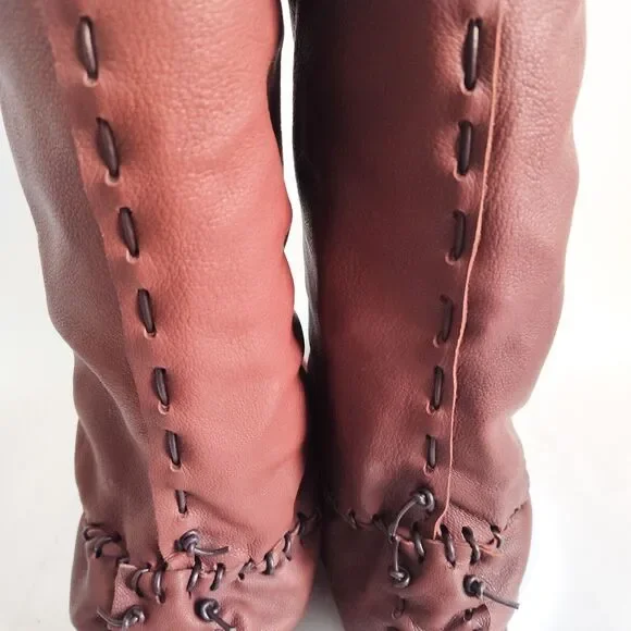 Ramble Leather Dark Brown Elk Deer Handmade Knee High Boots Size 10 Lace-Up Back - Picture 5 of 11